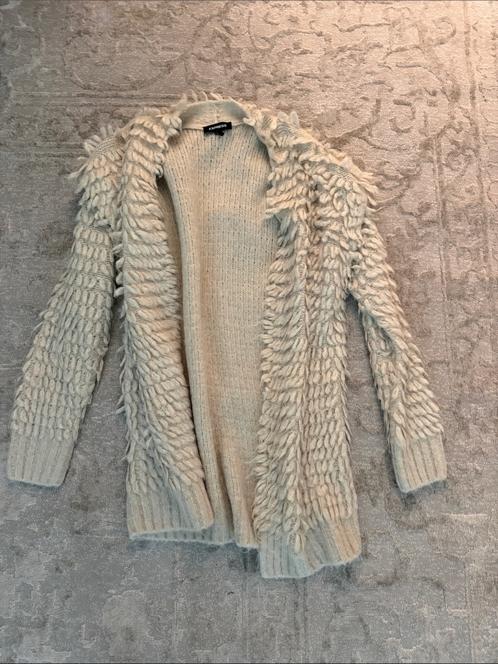Express Cream Open-Front Loop-Trim Knit Cardigan